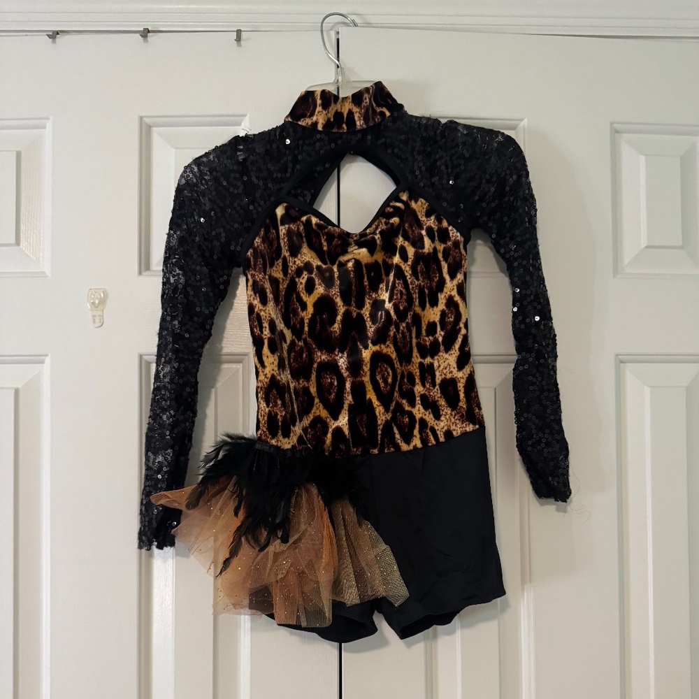 Leopard Print Sequin Dance Costume with Tule Skirt and Feathers
